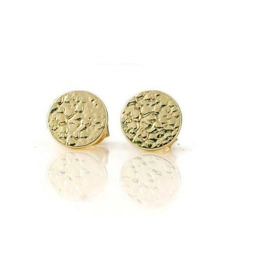 18k plated Gold silver sol  Small Textured Circle stud earrings on white background, ocean jewelry