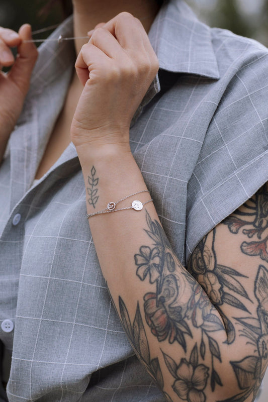 model wearing an 925 Sterling Silver Tofino Surf Wave Adjustable Bracelet closeup