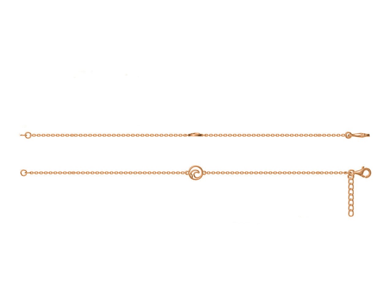 18k rose gold plated circle wave adjustable bracelet design with cable chain on with white background