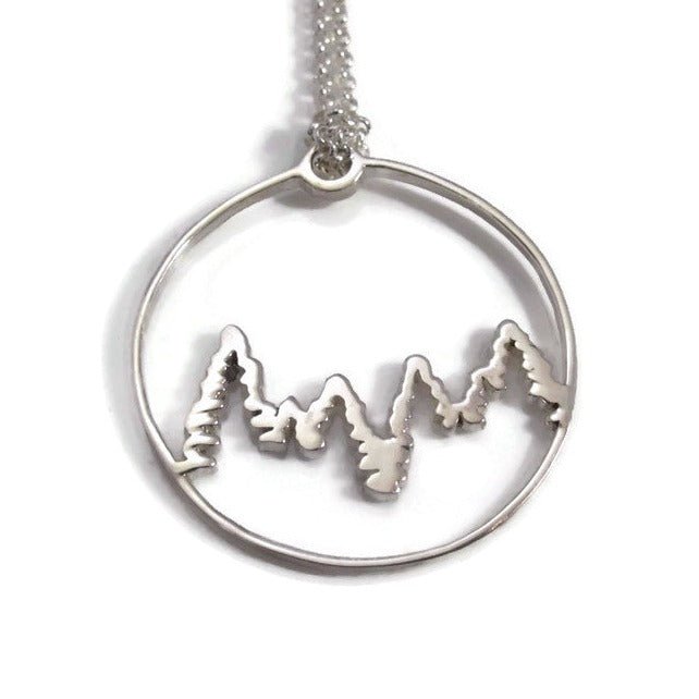 Sterling silver mountains, trees and chain ring pendant necklace
