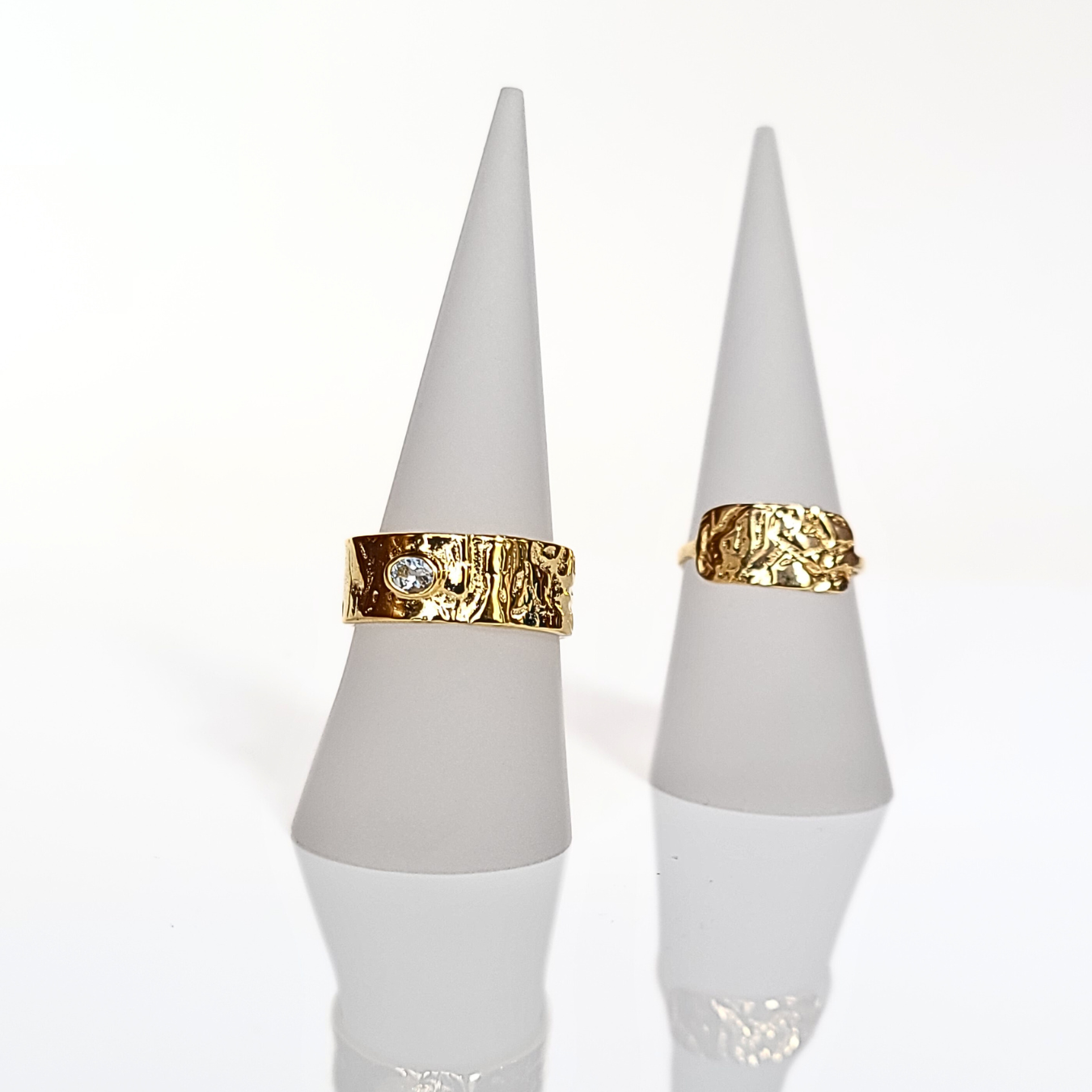 gold vermeil nature inspired rings with wood texture and gemstone
