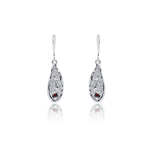 front view of garnet gemstone sterling silver dangle earrings with organic textures 