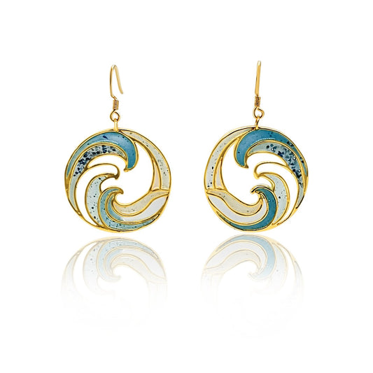 Front View - Gold Blue Ocean Circle Earrings