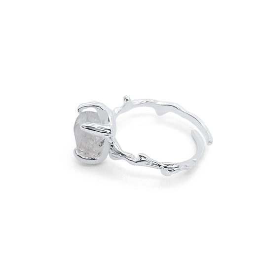 herkimer diamond adjustable silver ring with claw setting and branch shaft design- side view