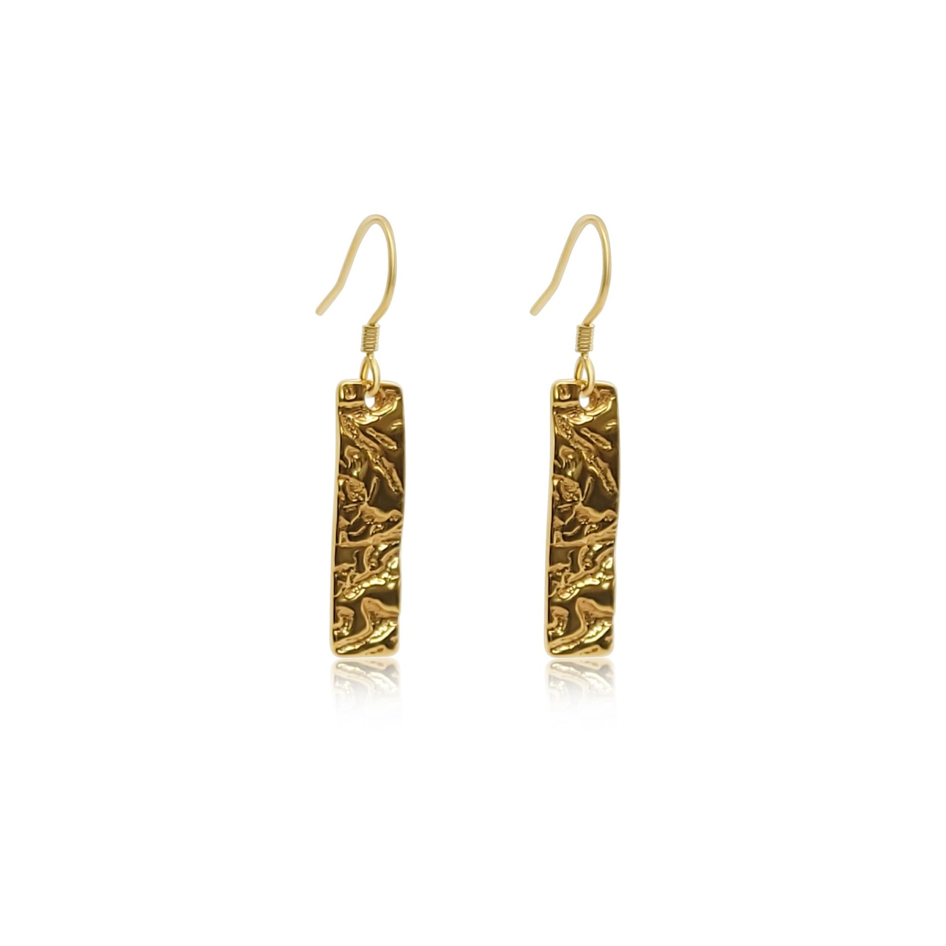 gold vermeil drop earrings with thin rectangle pendant with a captivating driftwood texture