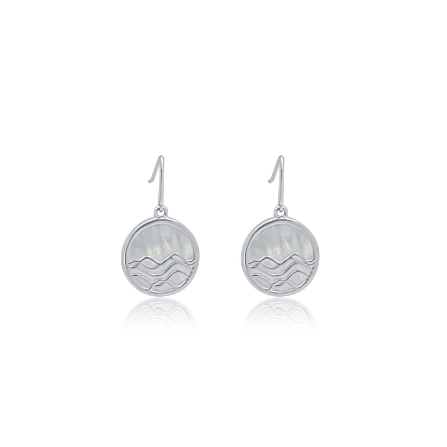 front view of silver and mother of pearl circle earrings. ocean wave dangle earrings
