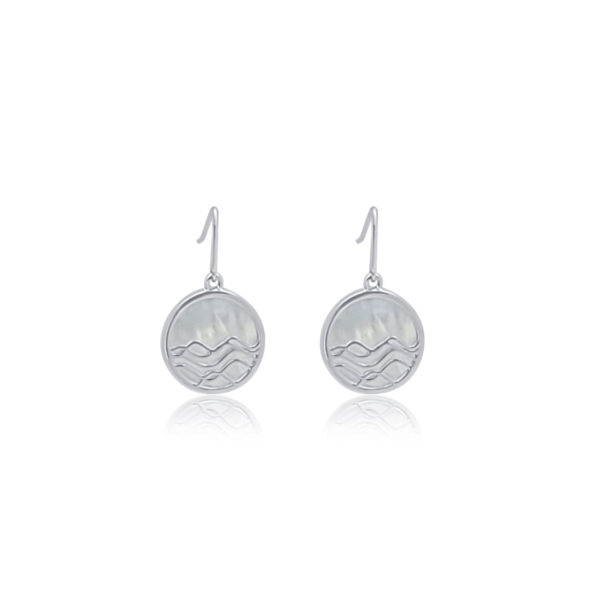 front view of silver and mother of pearl circle earrings. ocean wave dangle earrings