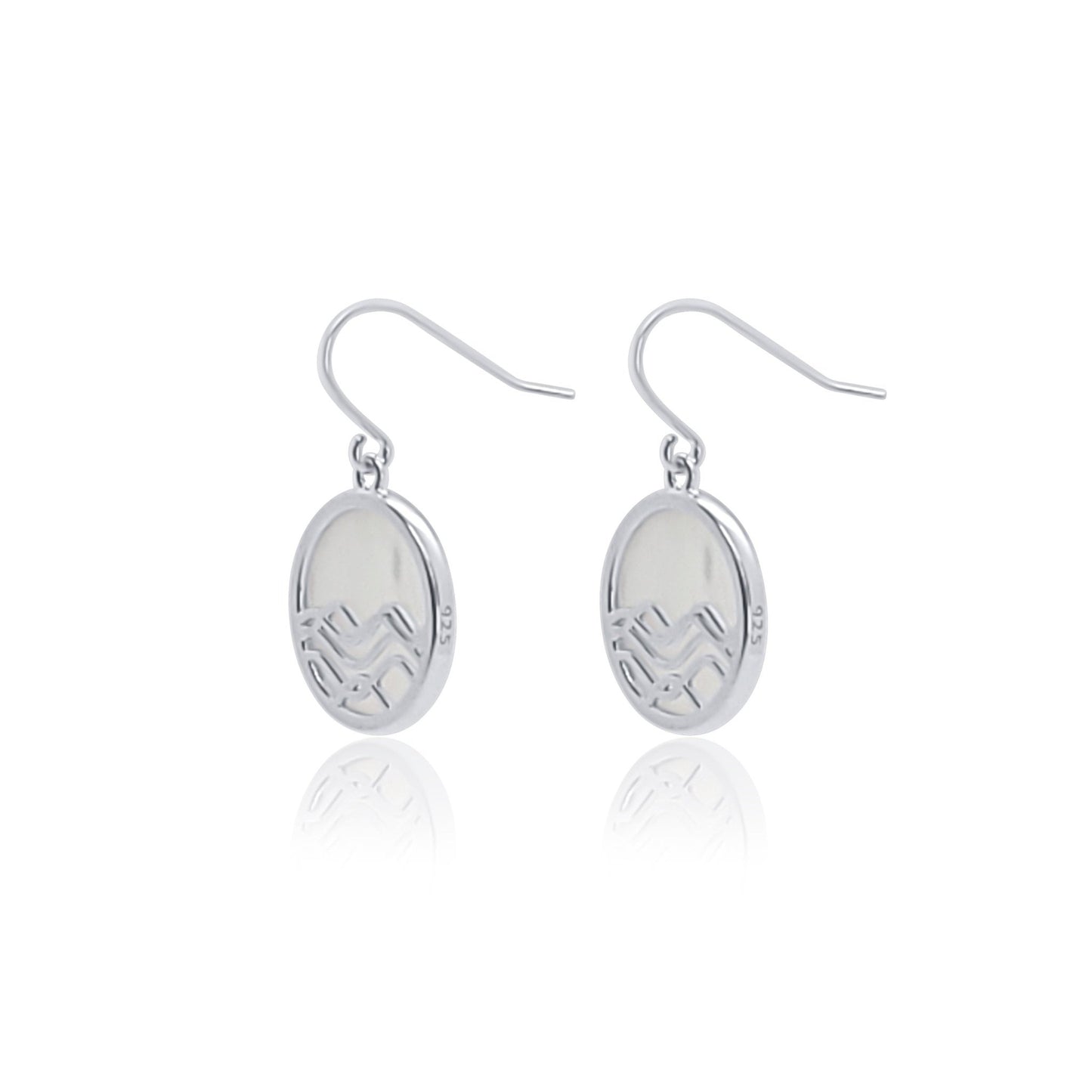 side view of 925 sterling and mother of pearl circle earrings. ocean wave dangle earrings