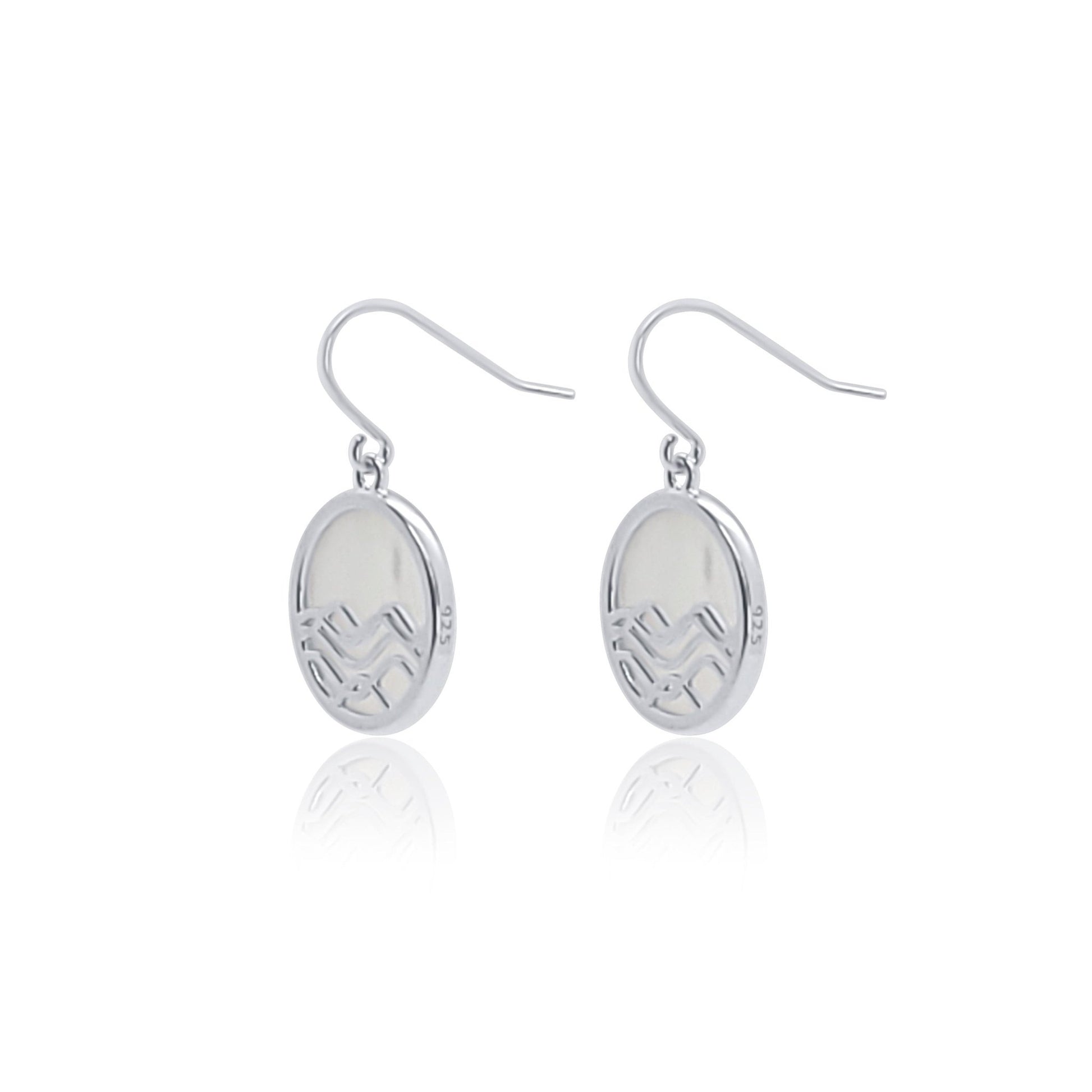 side view of 925 sterling and mother of pearl circle earrings. ocean wave dangle earrings