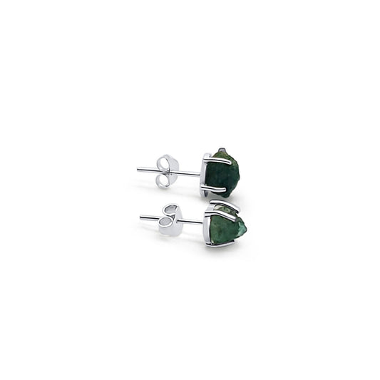 natural raw emerald silver stud earrings with prong setting