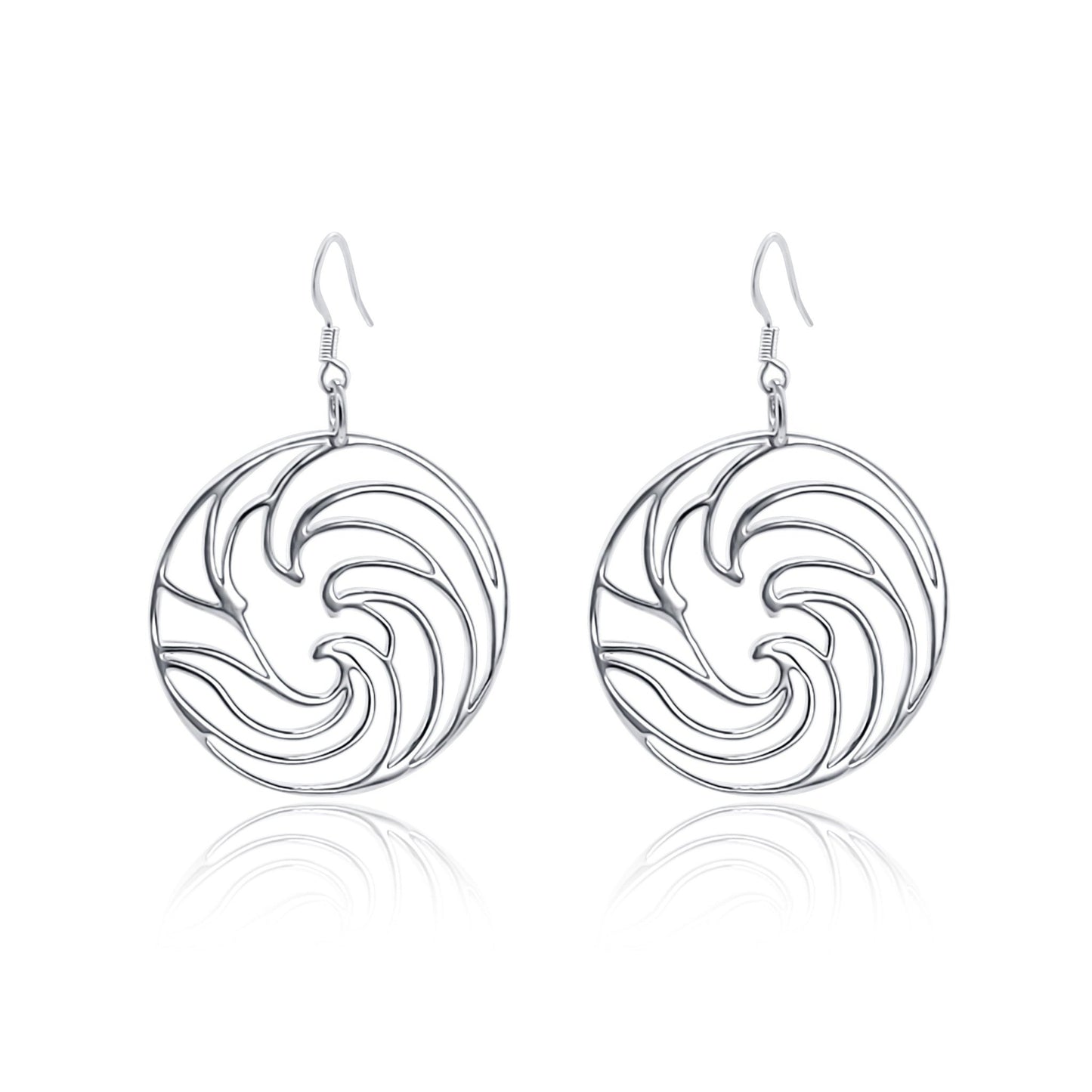silver ocean wave circle earrings. dangle earrings on French ear wires