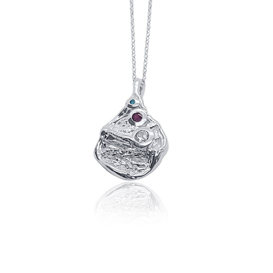 OOAK  Handmade Organic Silver Pendant Necklace with Topaz Garnet and Zirconia Gemstone