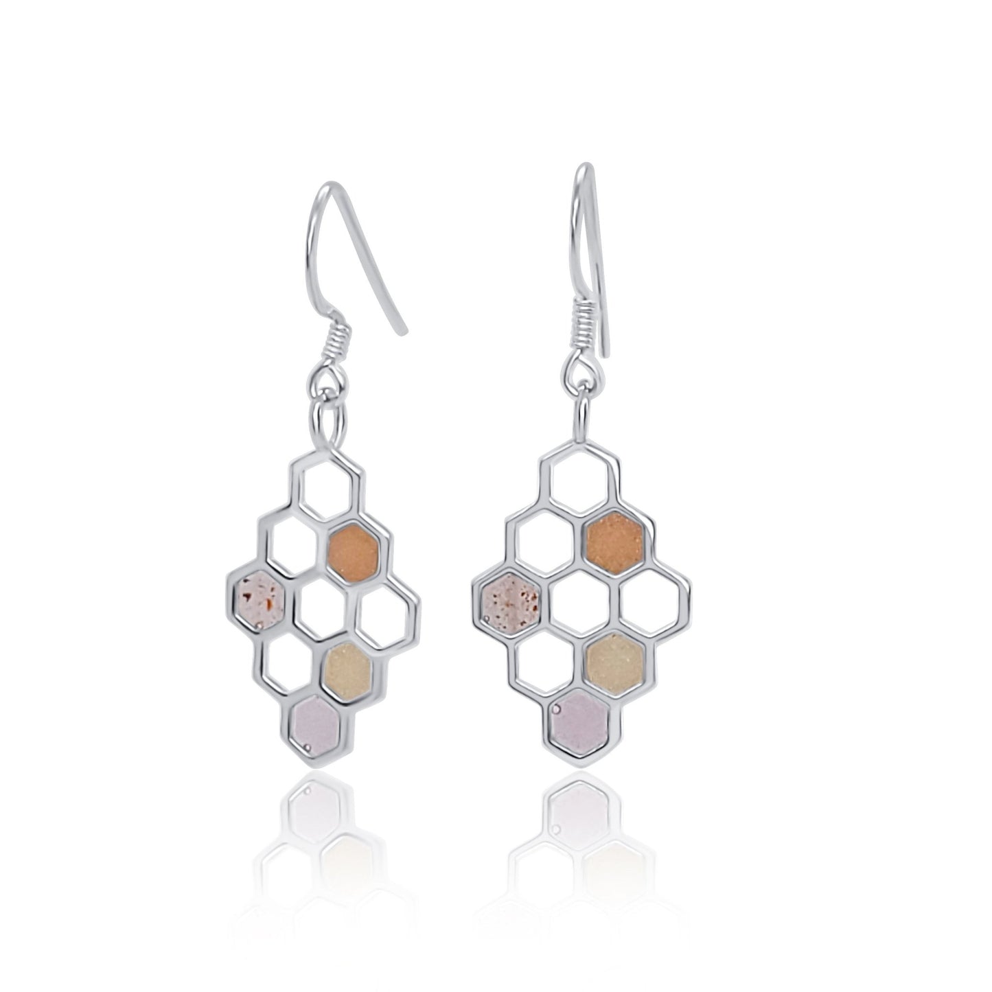 Petite honeycomb silver and rose and gold resin earrings 1  close up