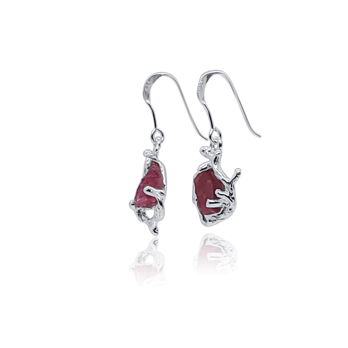 One of a Kind Pink Tourmaline Nature Silver Gemstone Dangle Earrings side view