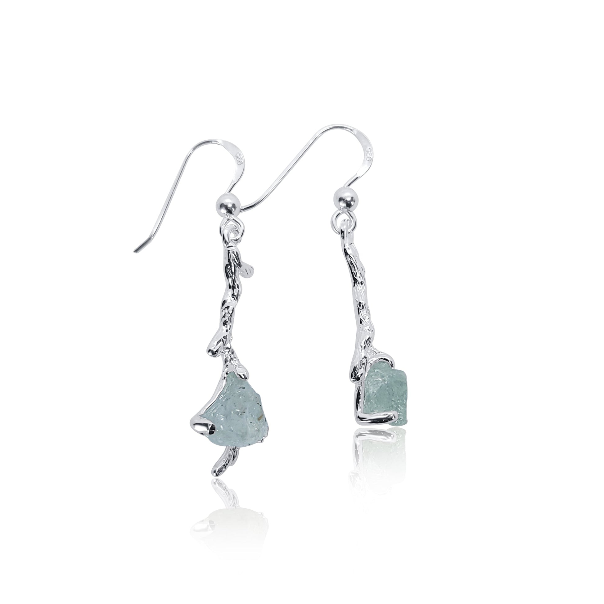 Raw Natural Aquamarine Silver Branch Dangle Earrings