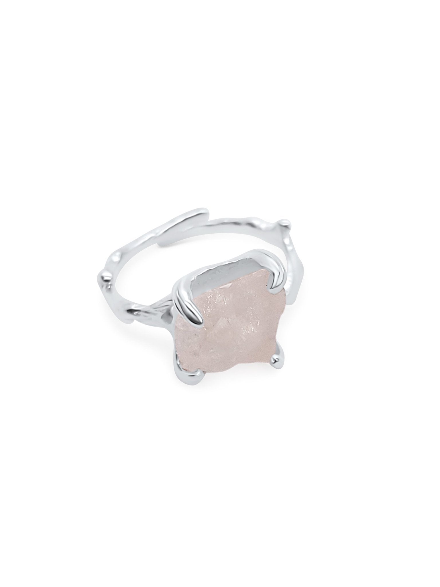 front view of adjustable silver and natural rose quartz ring with prong setting 2