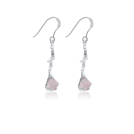 natural rose quartz silver dangle earrings with tree branch style