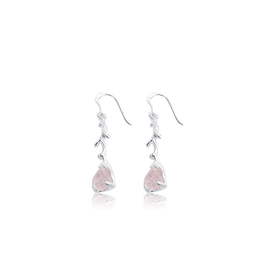 rose quartz silver earrings with branch inspired design