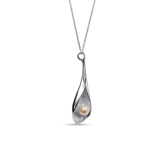 Freshwater pearl silver cala lily pendant on silver necklace chain