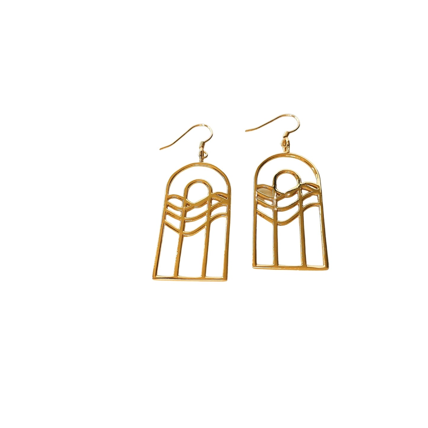 Rose gold plated silver earrings with rainbows and water flowing, these earrings also resemble cathedral windows