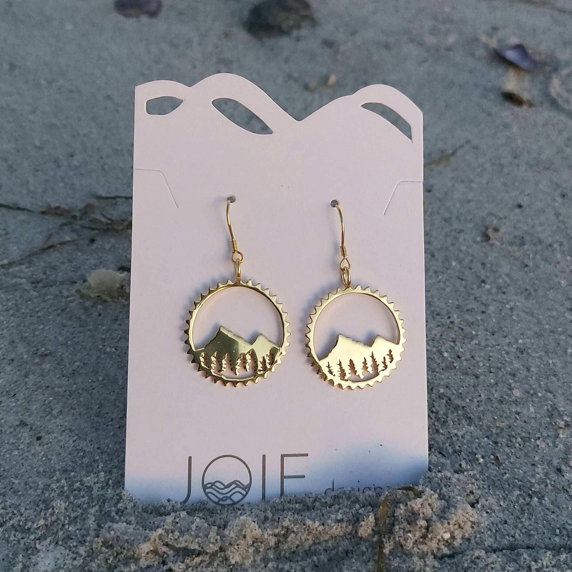 gold plated sterling Silver amore chain ring mountain and tree bike inspired dangly circle earrings