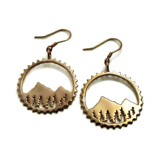 gold sterling Silver amore chain ring mountain and tree bike inspired dangly circle earrings