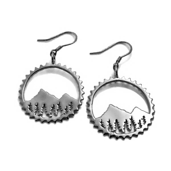 sterling Silver amore chain ring mountain and tree bike inspired dangly circle earrings