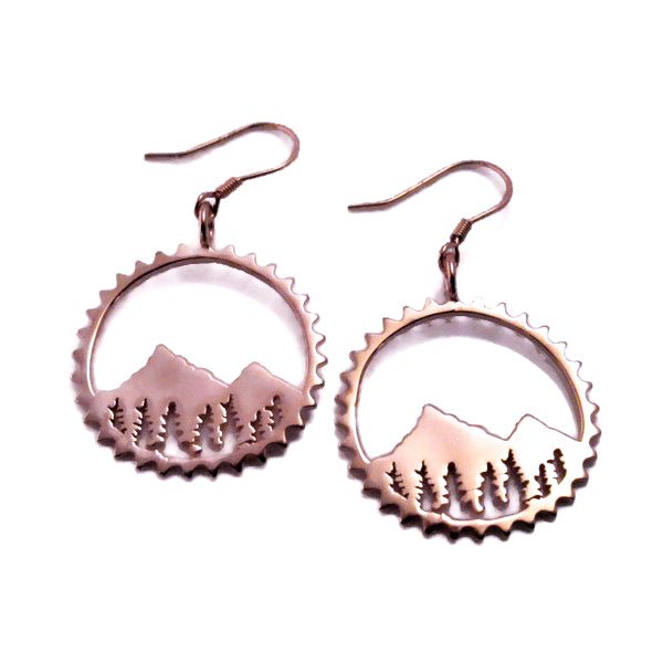 rose gold sterling Silver amore chain ring mountain and tree bike inspired dangly circle earrings