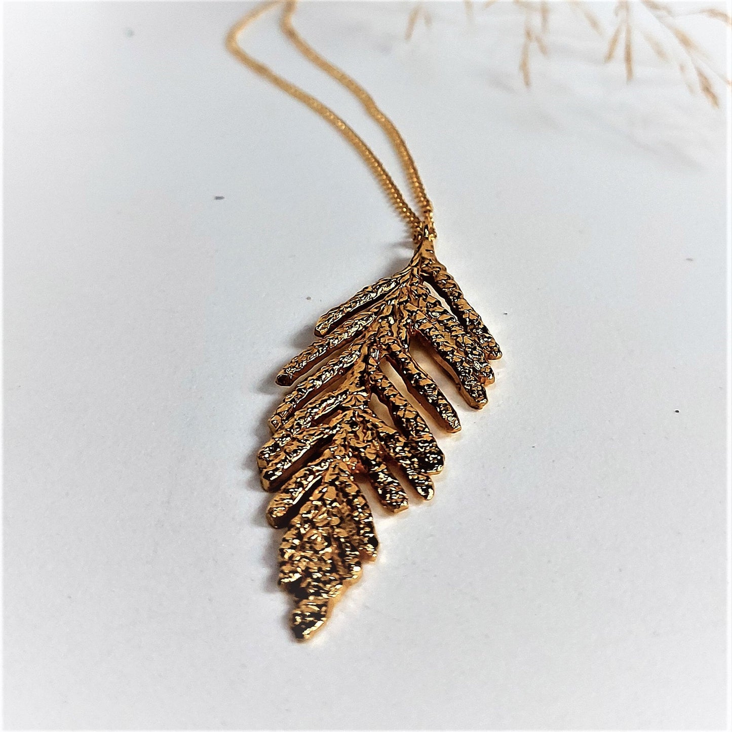 18k plated yellow gold cedar pendant necklace