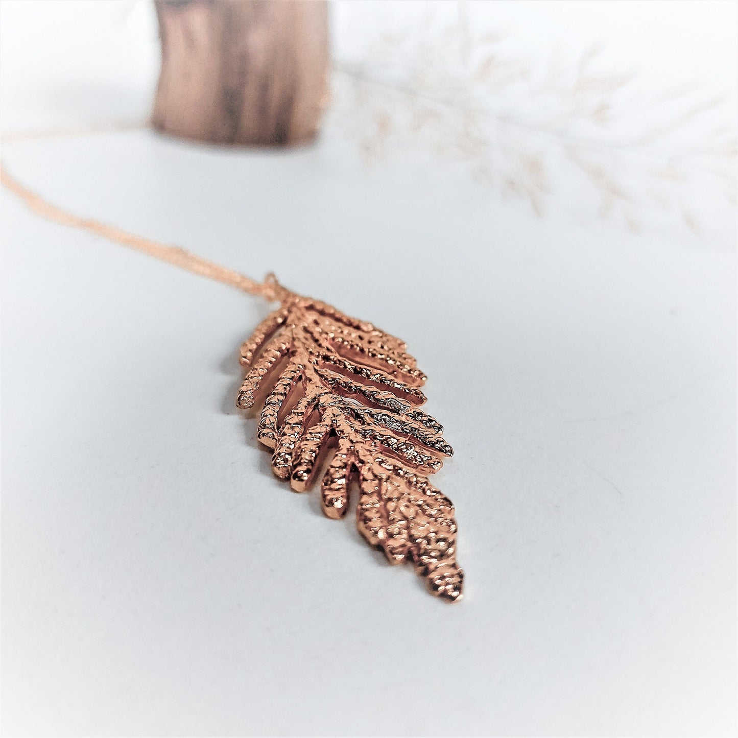 Rose gold vermeil cedar necklace with small tree stump and leaves -2