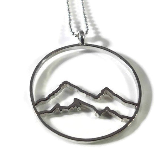 925 sterling silver coastal mountain in circle design pendant necklace with white background