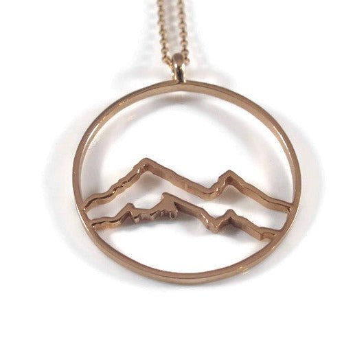 circle necklace, 18kgold plated coastal Mountain circle  pendant necklace with white background