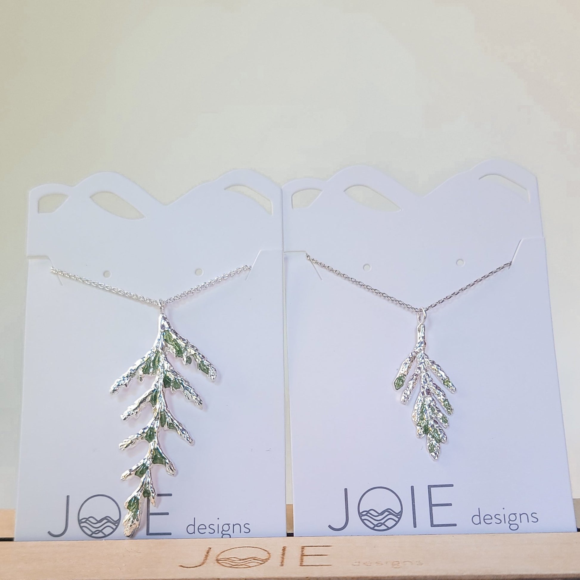 Silver petite  Arborvitae and Thuja Pendant necklaces embellished with with emerald green resin detailing_2