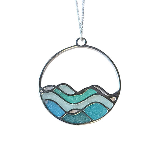 Blue Ocean necklace. Silver Ocean waves pendant coloured with mica and  resin 