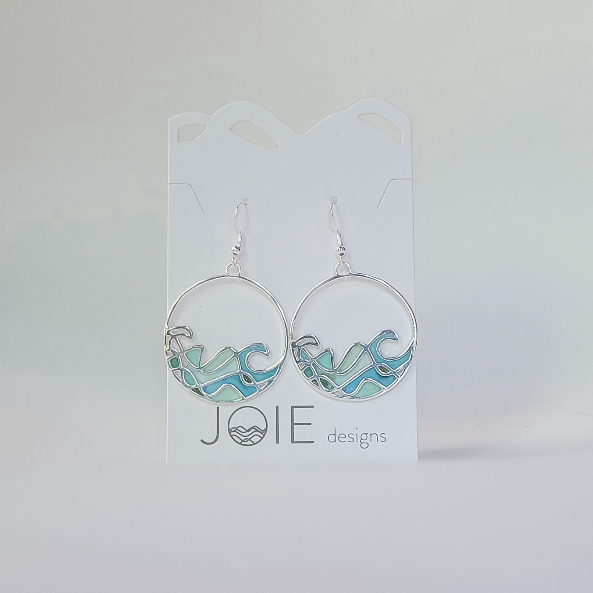 resin and sterling silver ocean wave dangle statement earrings with stained glass effect