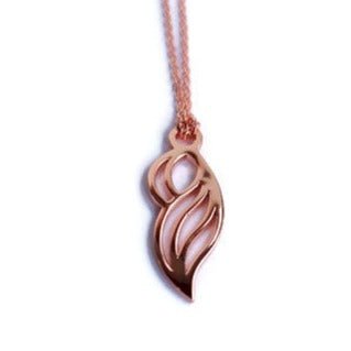 18k rose gold pendant shaped like a women, wave or wing on matching chain necklace, wave necklace, ocean inspired jewelry