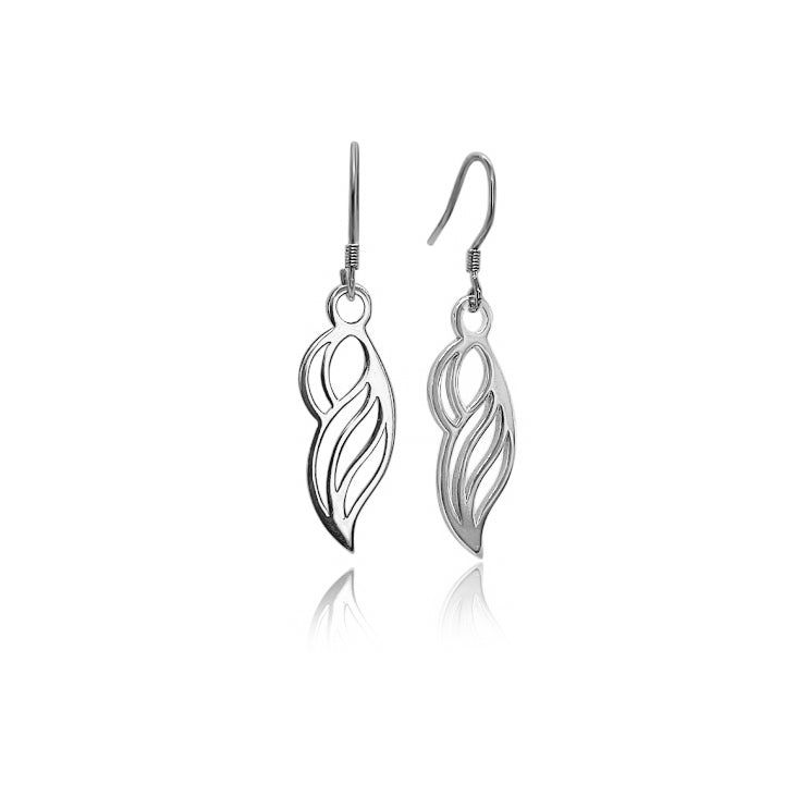 rhodium plated sterling silver dangle earrings on french ear wires. Organic form that resembles a woman, a wave, or a wing.