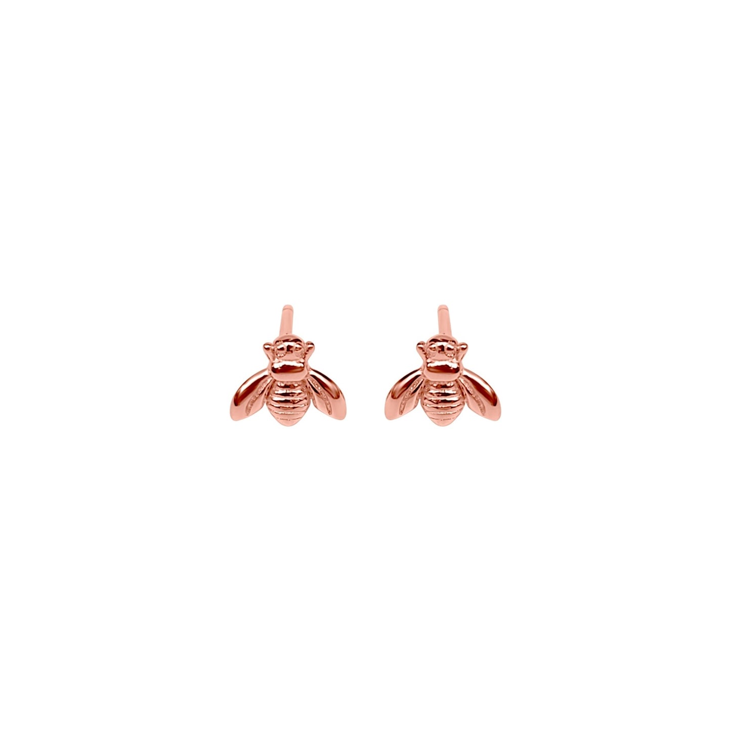 rose gold plated Erlea Bee sterling silver stud earrings. Cute little bees on earring posts.