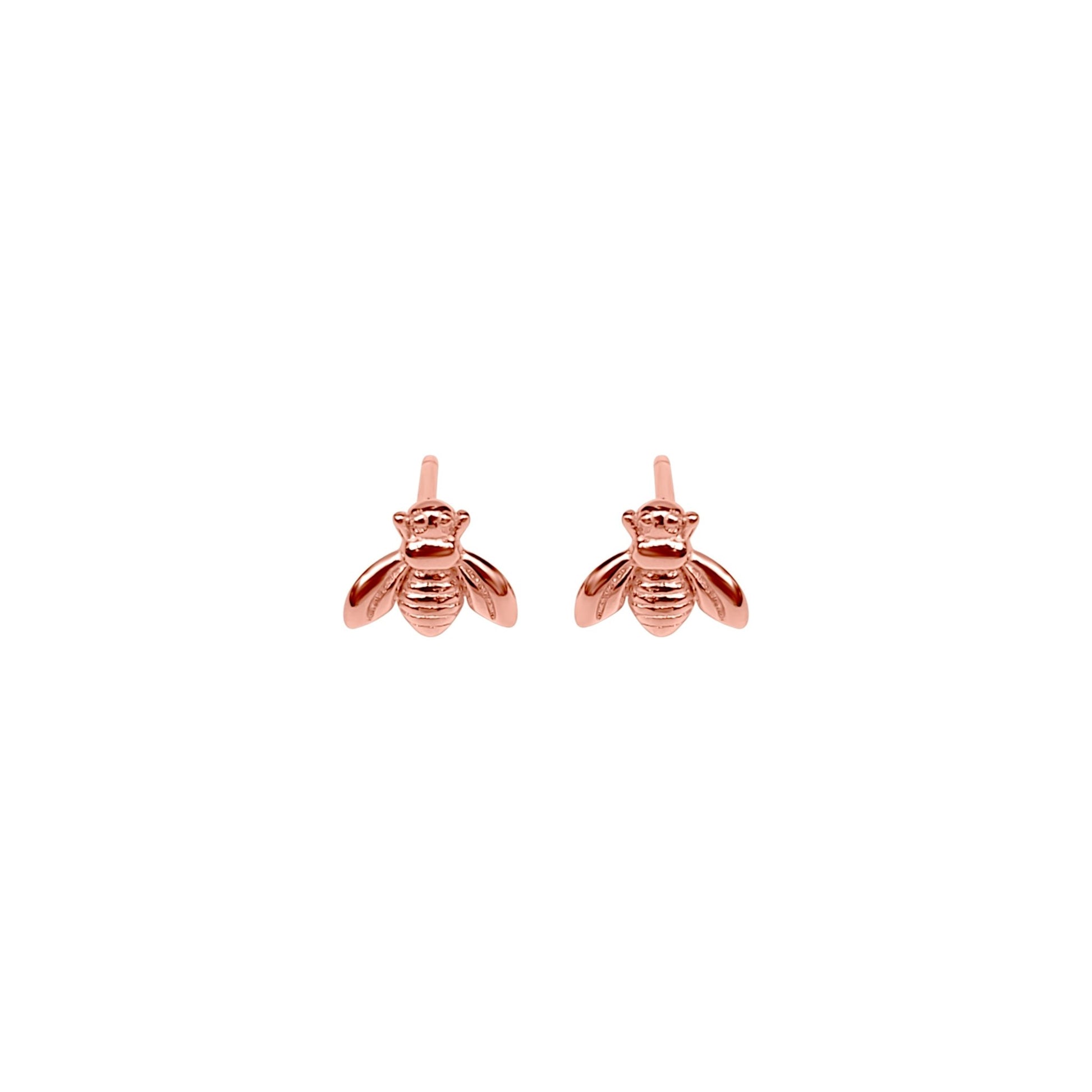 rose gold plated Erlea Bee sterling silver stud earrings. Cute little bees on earring posts.