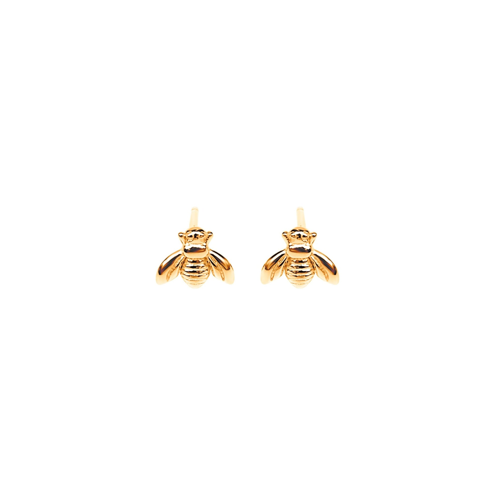 gold plated Erlea Bee sterling silver stud earrings. Cute little bees on earring posts.