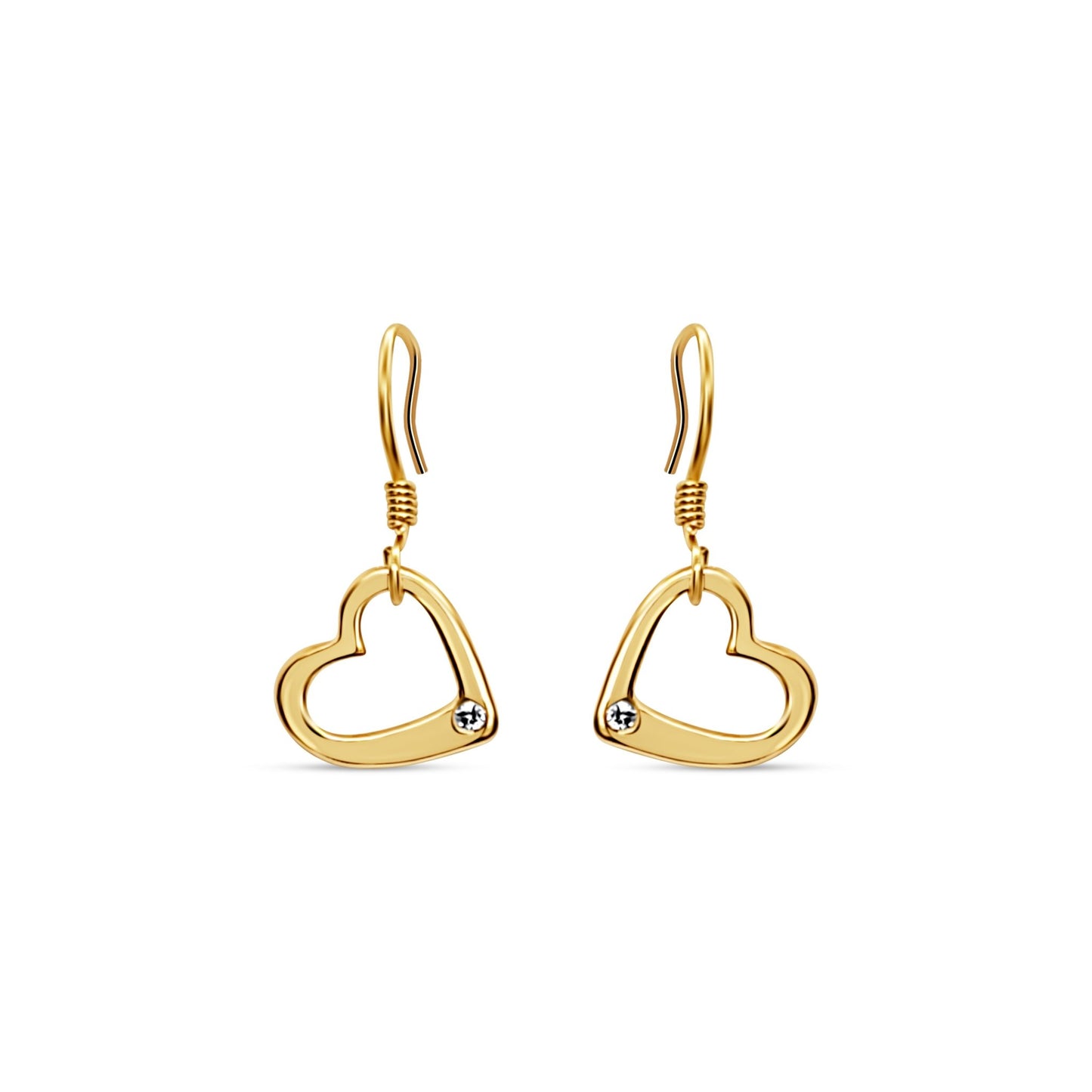 Classic and romantic gold heart earrings with shimmering white sapphire gems. elegant heart earrings