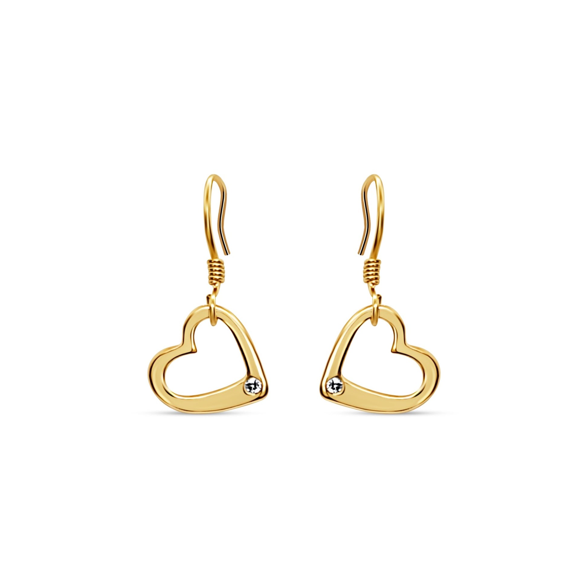 Classic and romantic gold heart earrings with shimmering white sapphire gems. elegant heart earrings