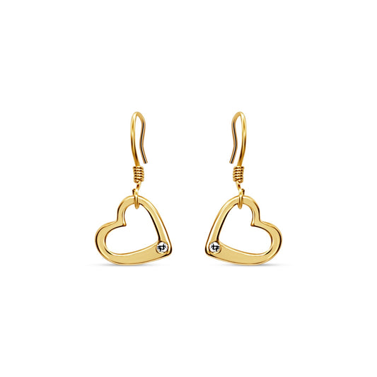 Classic and romantic gold heart earrings with shimmering white sapphire gems. elegant heart earrings
