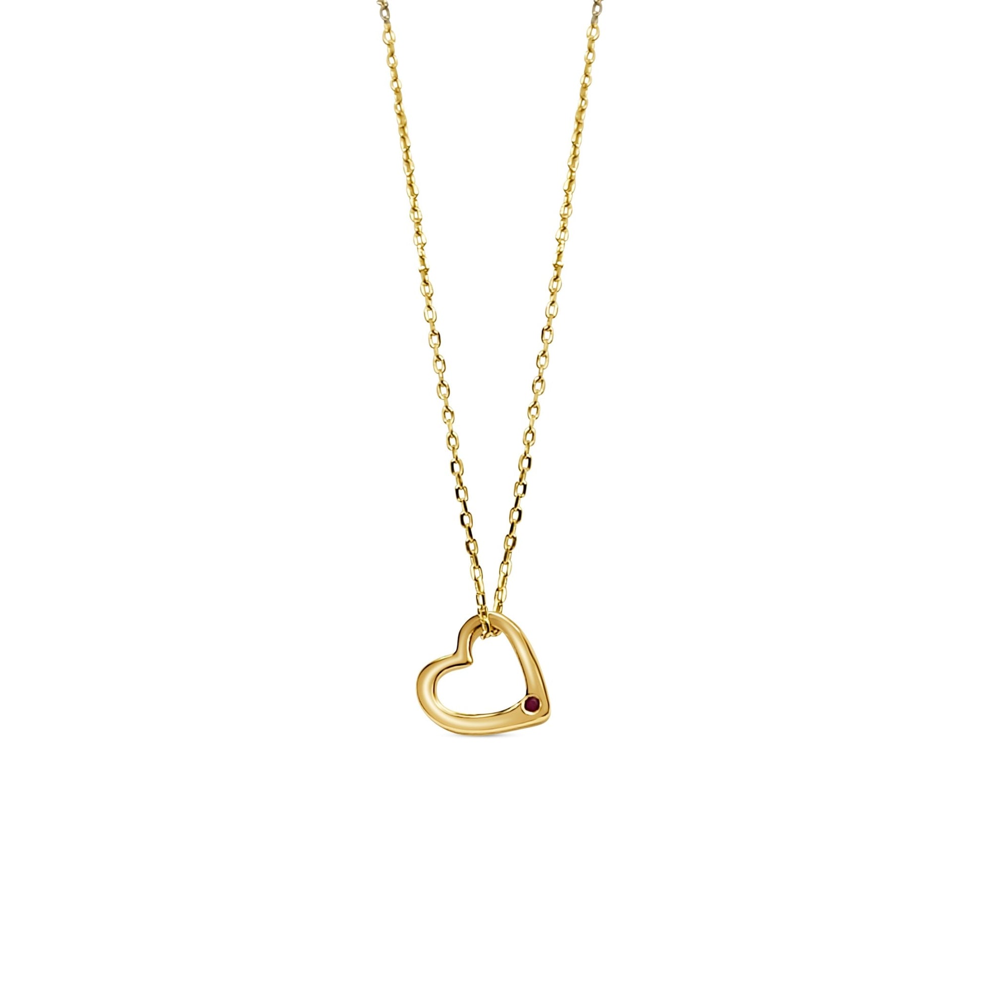 Classic and romantic gold pendant necklace with a ruby gemstone heart