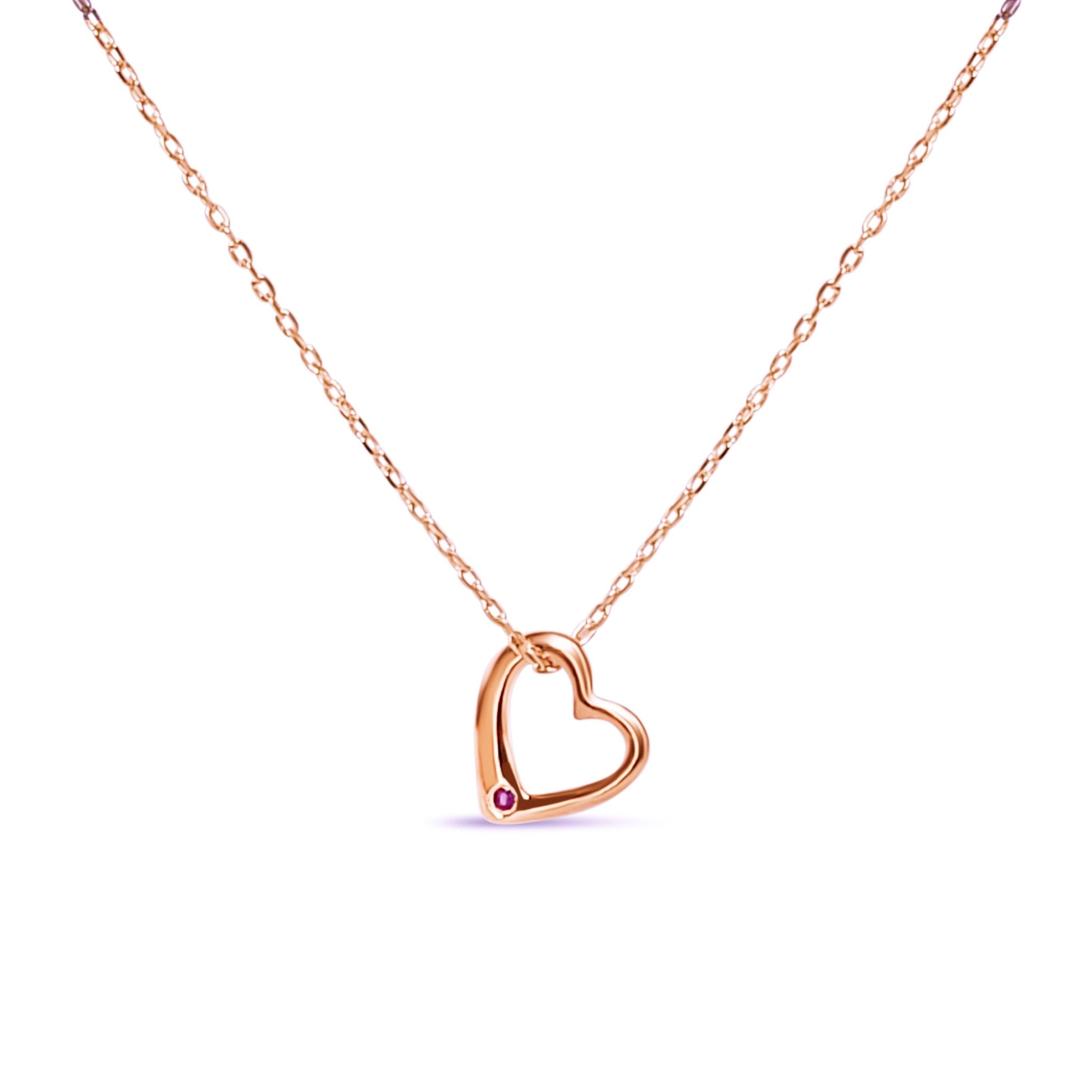 Esme - Rose gold heart necklace with small ruby on rose gold necklace chain.