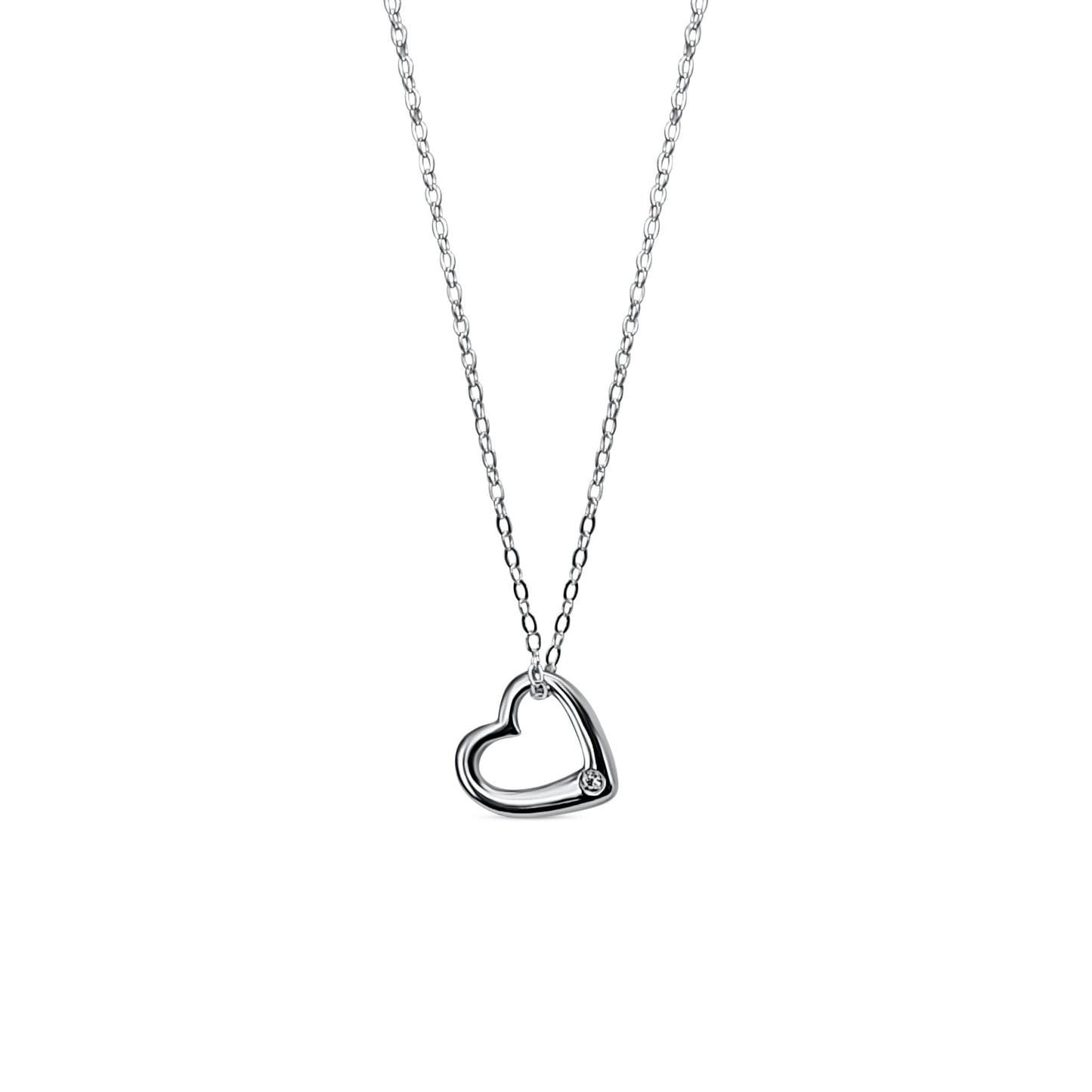 small silver heart pendant with white sapphire gemstone on chain necklace