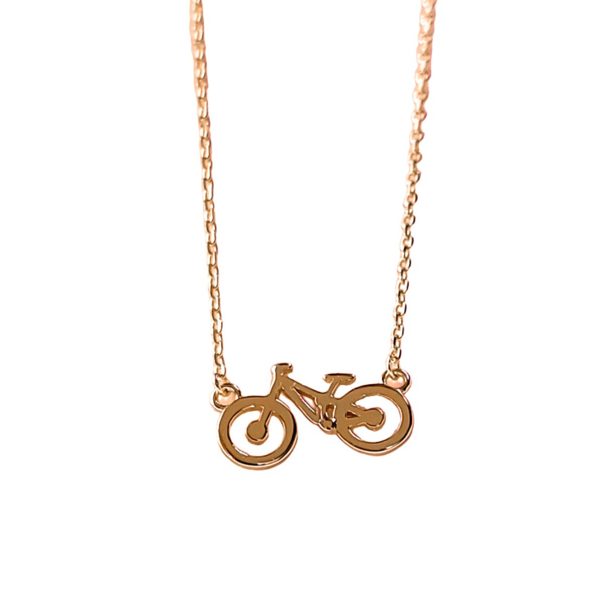 18k rose gold  bike necklace with adjustable gold chain. mountain bike inspired necklace