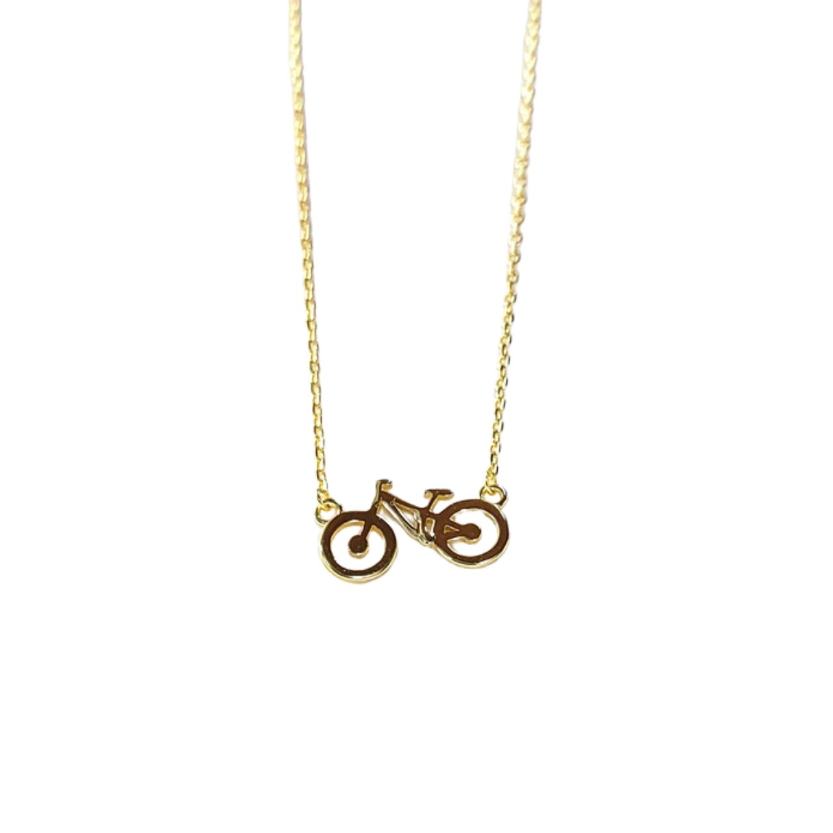gold  mountain  bike necklace with adjustable gold chain close up