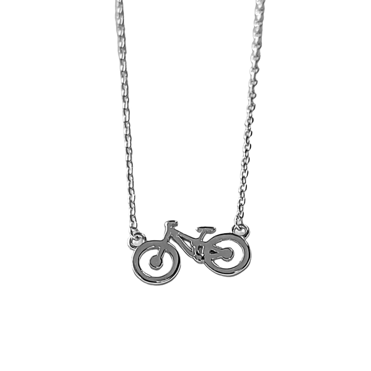rhodium plated sterling silver gold  bike necklace with adjustable gold chain. mountain bike inspired necklace