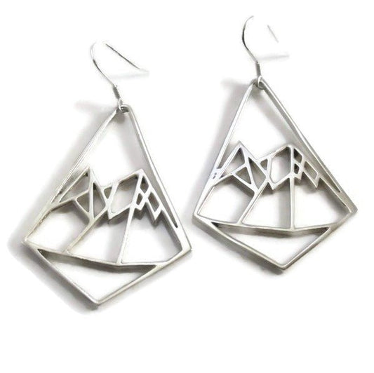 925 sterling silver geometric mountain design earrings with french ear wires on white background
